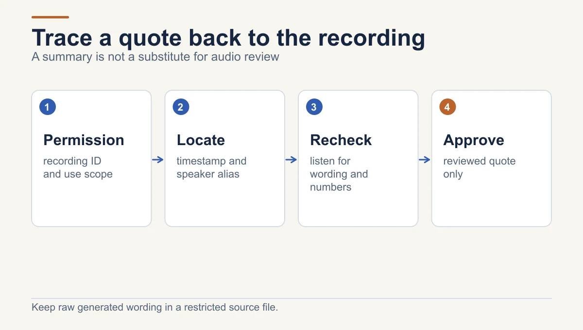 Interview quote chain: confirm permission, locate the recording timestamp and speaker, recheck the audio for exact words and numbers, then approve reviewed wording.