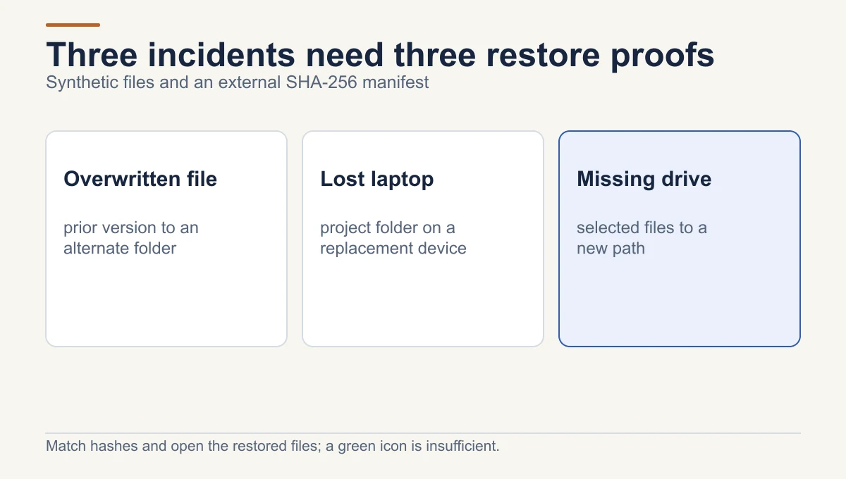 Small-office restore rehearsal branches into an overwritten file, lost laptop, and unavailable project drive, each with a different restore destination and manifest check.