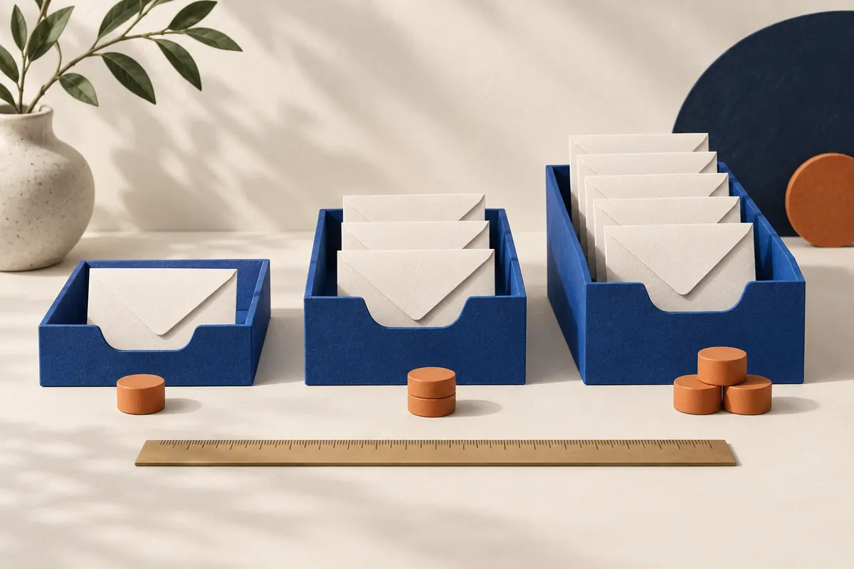 Three blue email trays with increasing capacity and terracotta markers, illustrating plan selection