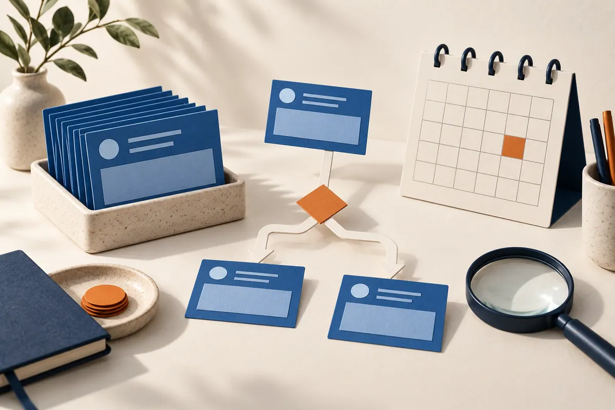 Paper email cards, a calendar and a branching workflow arranged for inspection