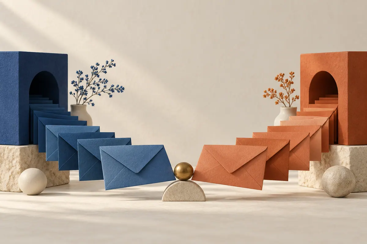 Balanced blue and terracotta email paths, representing two platform choices