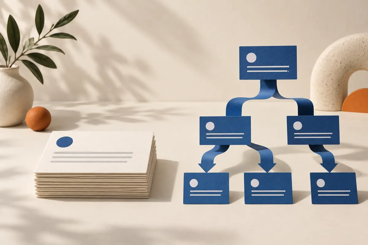A simple newsletter stack beside a branching paper automation flow