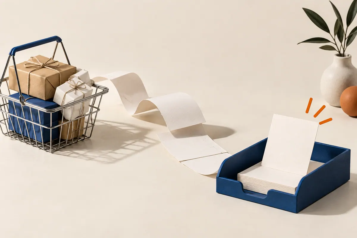 A shopping basket, paper order trail and email tray representing store messages