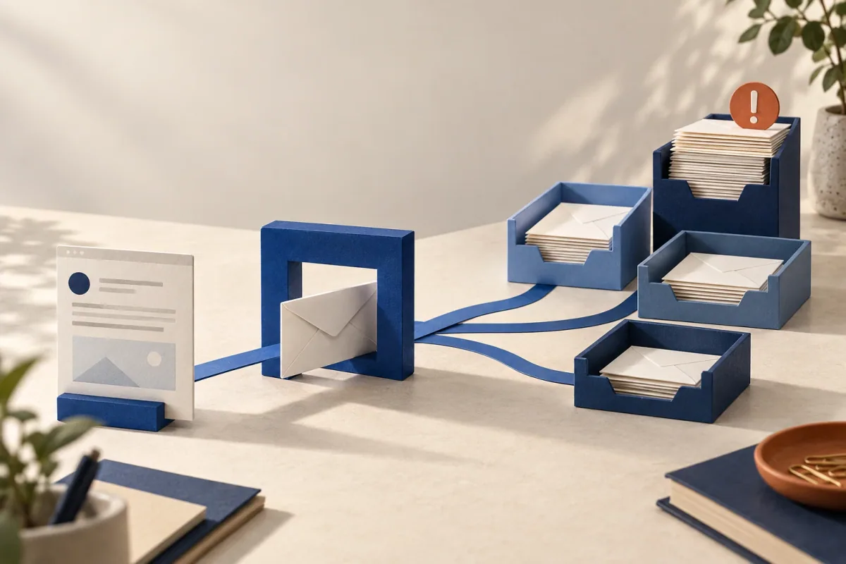 Editorial illustration of an email passing through a routing frame toward notification trays; no product interface is depicted