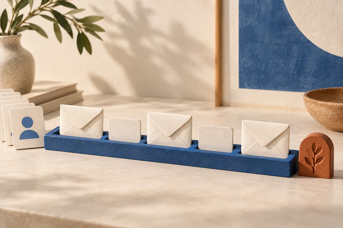 Editorial illustration of a five-step welcome email path with three envelopes and two pauses