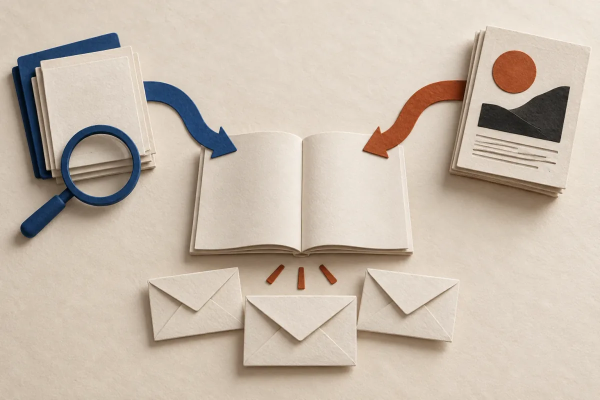Cut-paper illustration of a searchable issue archive and an editorial partner publication leading to one newsletter issue and new reader envelopes