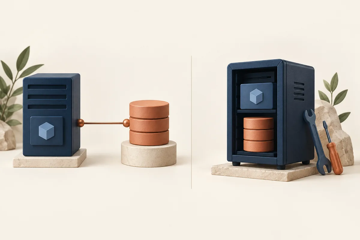 Conceptual illustration of an app server linked to an external database beside a self-managed VPS containing both