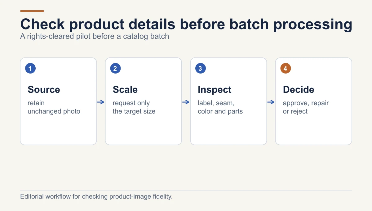 Product-photo pilot: retain a rights-cleared original, request the smallest useful enlargement, inspect label and physical details, then approve, repair, or reject.