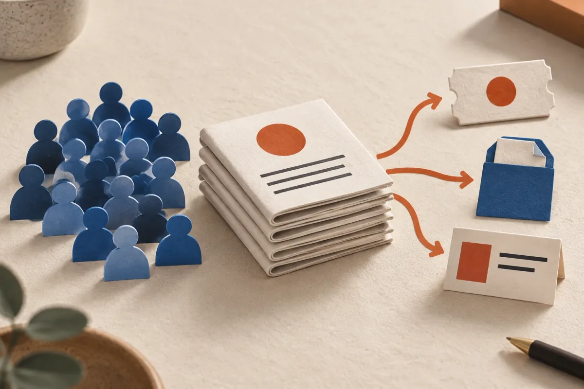 Cut-paper illustration of newsletter issues and readers branching toward a paid reading ticket, a digital download, and a sponsor card