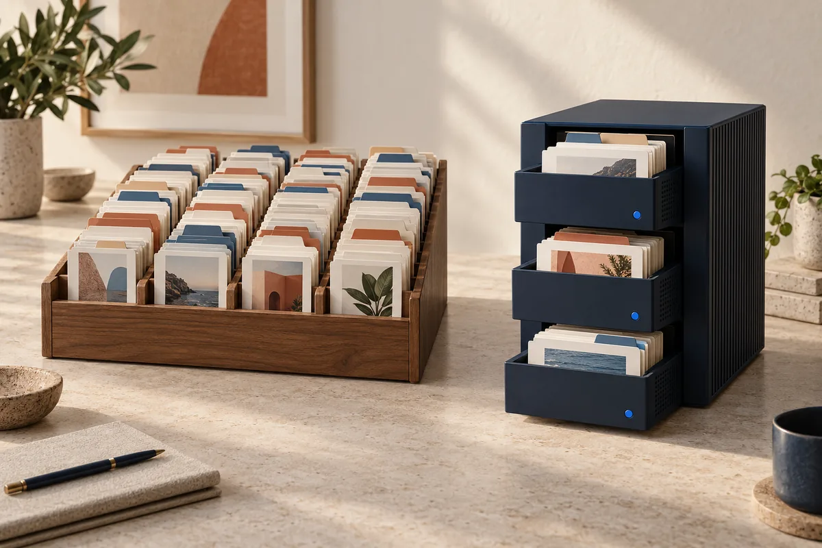 Conceptual illustration of a crowded client-account file rack beside a modular managed-cloud cabinet