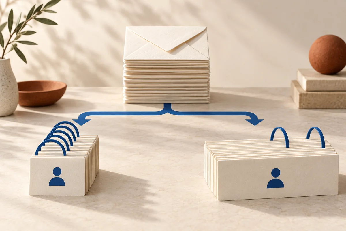 Editorial illustration of one email list dividing into frequent smaller campaigns and two larger sends