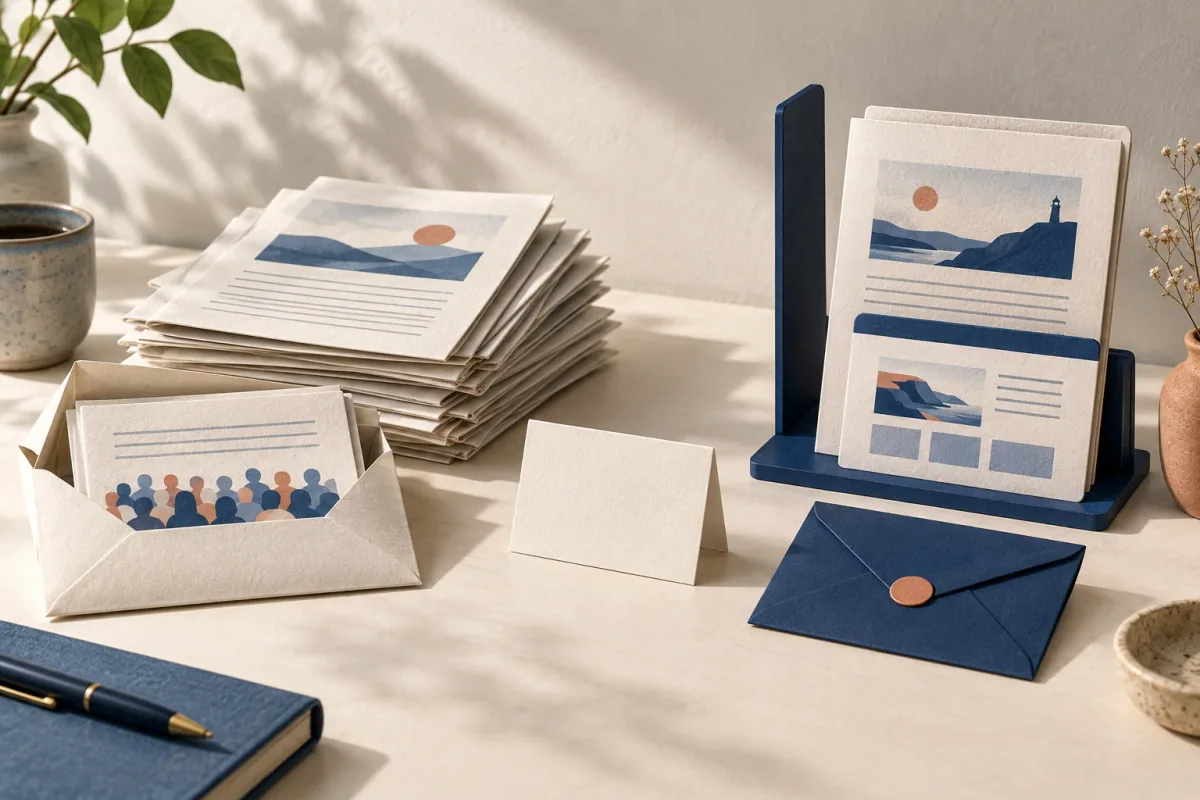 Editorial illustration of two unbranded newsletter publishing paths with paper issues, envelopes and a website card