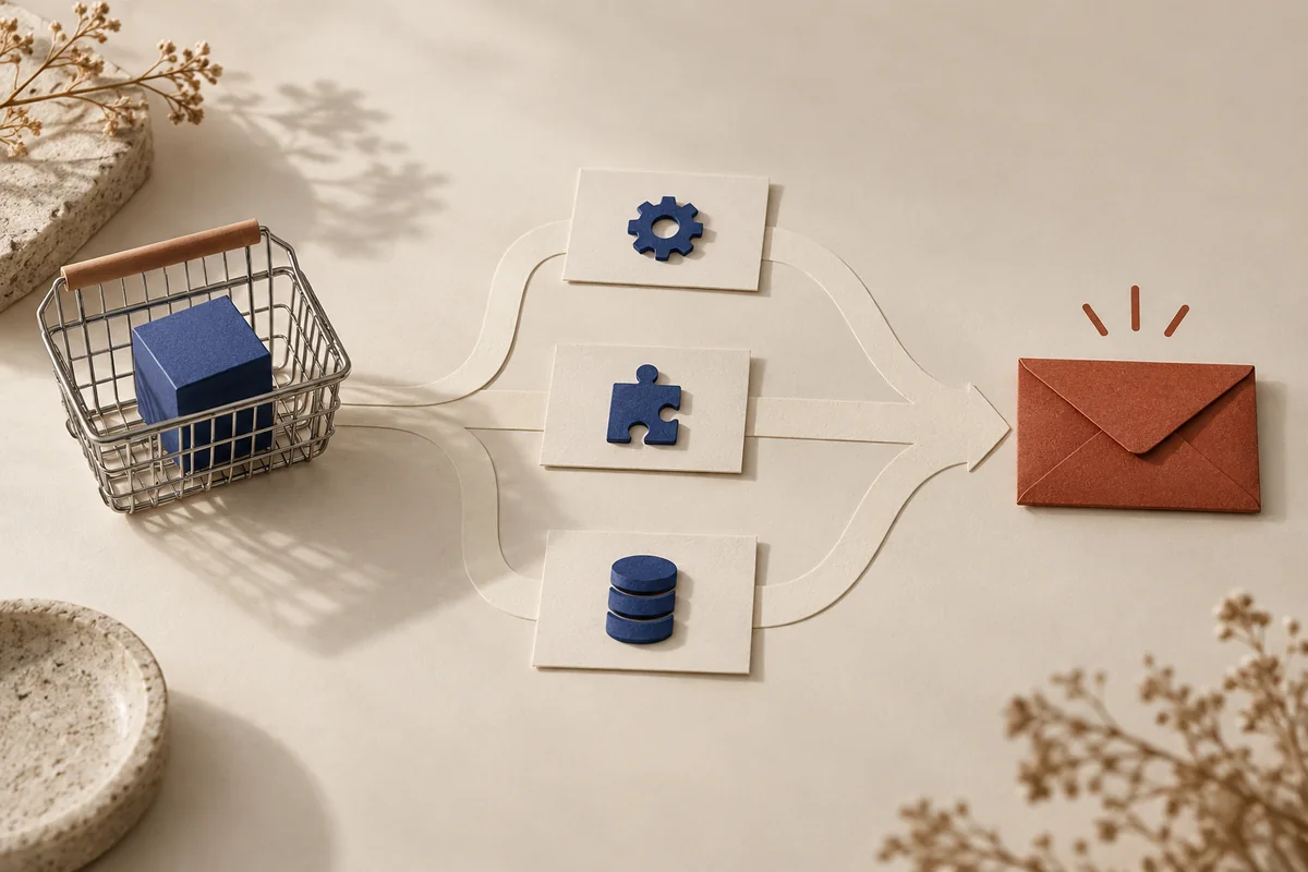 Editorial illustration of an abandoned shopping basket and three routes toward a recovery email